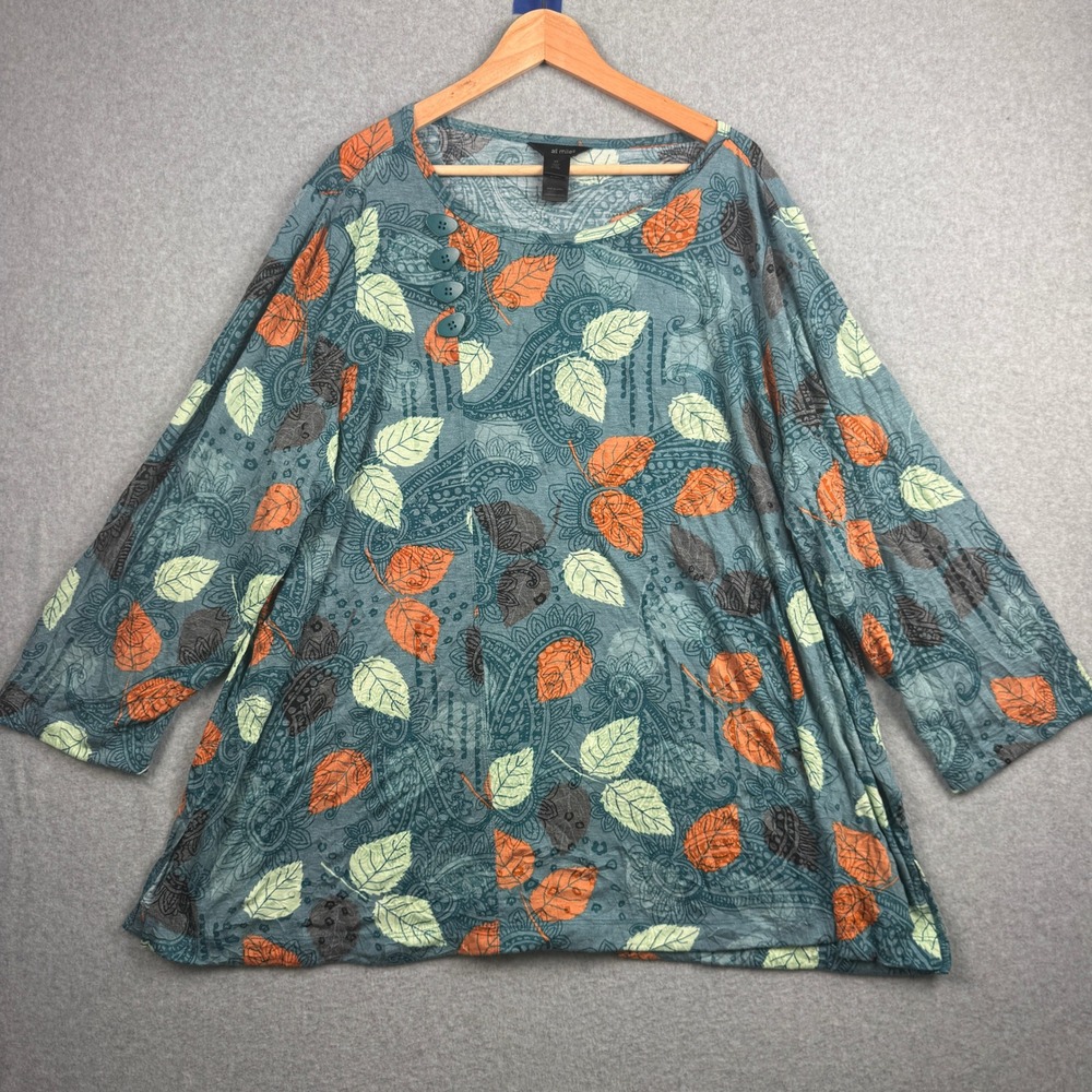 Ali Miles Tunic Top Womens 3X Teal Orange Leaf Paisley 3/4 Sleeve Artsy Boho